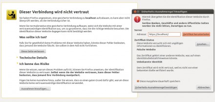 Firefox Warnt vor der Verbindung mit dem Server, weil wir uns das Zertifikat selbst ausgestellt haben. Macht aber nichts, die Verschlüsselung funktioniert trotzdem ;)